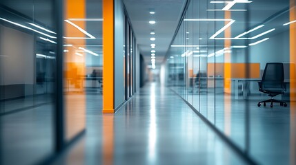 Aufkleber - Beautiful blurred background of a modern office interior in gray tones with panoramic windows glass partitions and orange color accents : Generative AI