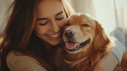 Positive happy family beautiful woman hugging husband little girl playing with dog golden retriever sitting in room in cozy home Concept of harmony parenthood care : Generative AI