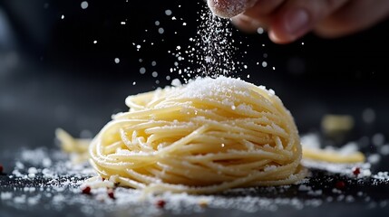 Canvas Print - Italian pasta on a dark background Hand sprinkles salt on the pasta The chef salt food on a black background Home traditional cuisine : Generative AI