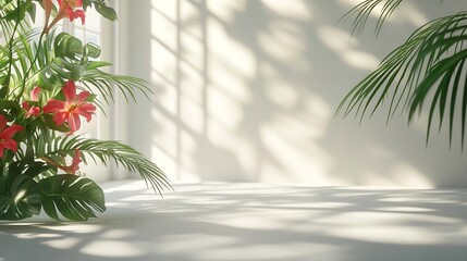 Poster - Abstract white studio background for product presentation Empty room with shadows of window and flowers and palm leaves  3d room with copy space Summer concert Blurred backdrop : Generative AI