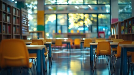 Leinwandbilder - School classroom in selective focus background without young student Blurry view of elementary class room no kid or teacher with chairs and tables in campus : Generative AI