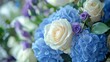 © Generative AI - Exquisite wedding floral arrangement featuring blue hydrangeas white roses and purple accents : Generative AI