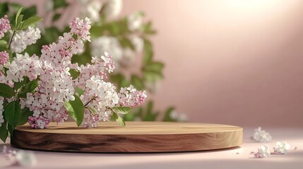 Poster - Geometric empty podium wooden platform stand for product presentation and spring flowering tree branch with white lilac flowers on pastel light background : Generative AI
