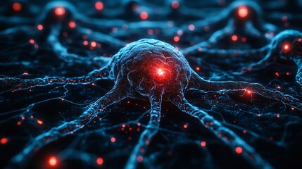  Human brain stimulation or activity with neuron close-up 3D rendering illustration. Neurology, cognition, neuronal network, psychology, neuroscience scientific concepts design 