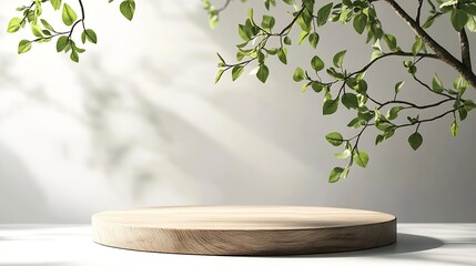 Wall Mural - Wood podium tabletop floor with tree branch green leaf on white backgroundBeauty cosmetic and healthy natural product placement pedestal platform showcase stand displayspring or summer : Generative AI