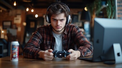 Young man with energy drink and headphones playing video game at wooden desk indoors : Generative AI