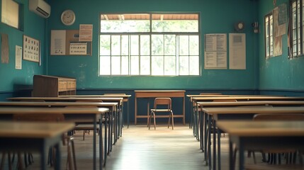 Leinwandbilder - Lecture room or School empty classroom with desks and chair iron wood in high school thailand interior of 
secondary education vintage tone educational concept : Generative AI