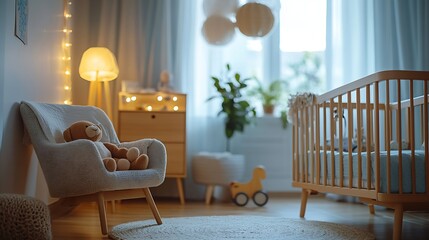 Poster - modern enjoyable decorative baby room with wooden crib and chair concept cabinet lamp and toy interi