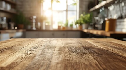 beautiful brown wood table top kitchen interior background and blurred defocused with daylight flare bokeh product montage display : Generative AI