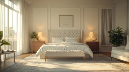 Wall Mural - Interior of light bedroom with big bed tables and commode : Generative AI