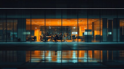 Wall Mural - Man working late night in empty building with transparent glass window modern : Generative AI