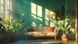© Generative AI - chic modern trendy apartment interior design trendy green and powdery pink walls stylish lighting and huge panoramic windows : Generative AI