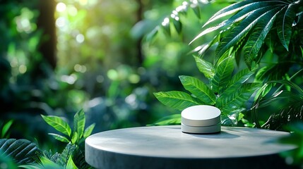 Wall Mural - Minimal podium table top outdoors blur green leaf tropical forest plant backgroundbeauty cosmetic healthy natural product placement pedestal displayjungle paradise concept : Generative AI