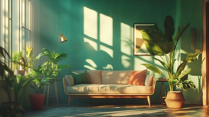 Poster - chic modern trendy apartment interior design trendy green and powdery pink walls stylish lighting and huge panoramic windows : Generative AI