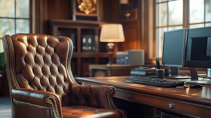 Aufkleber - Directors office with large wooden table leather armchair and PC Interior design : Generative AI