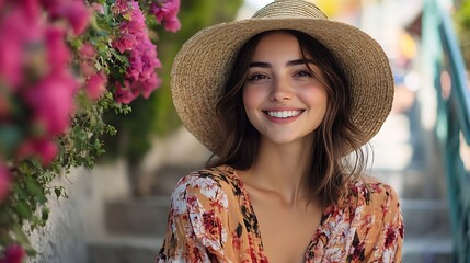 Poster - beautiful young woman in summer style outfit smiling happy walking with flowers in city street wearing straw hat fashion trend sitting on stairs : Generative AI