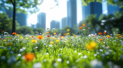 Poster - A field of wildflowers bloom in a city park with buildings in the background.