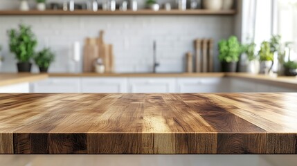Leinwandbilder - kitchen table background wood counter top on blur of white clean abstract home interior with bokeh  used for display or montage your wooden for dining background tabl banner podium : Generative AI