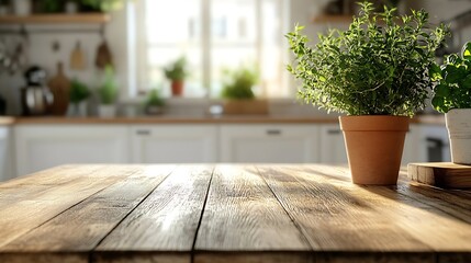 Leinwandbilder - Wooden tabletop with free space for product montage or mockup against blurred white kitchen with cutting board and plant in scandinavian style in morning light : Generative AI