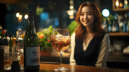 A glass of sparkling wine with ice on a bar counter with a bottle of wine and a woman in the background.