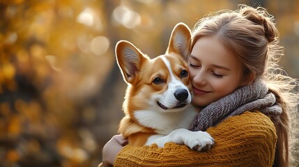 girl hugging Corgi dog caring for animals and love for dogs : Generative AI