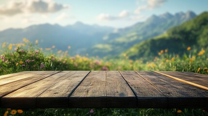 Leinwandbilder - Wooden table top on blur mountain and grass fieldFresh and Relax conceptFor montage product display or design key visual layoutView of copy space : Generative AI