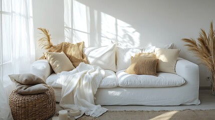 Aufkleber - Interior design with white sofa boho scandinavian style home staging and minimalism concept : Generative AI