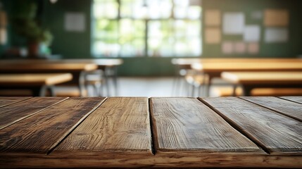 Fototapete - Wooden board empty table background On the blurred background of the empty classroom : Generative AI