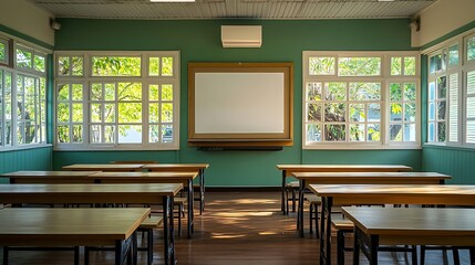 Fototapete - Lecture room or School empty classroom with desks and chair iron wood for studying lessons in high school Thailand interior of secondary education with whiteboard vintage tone educatio : Generative AI