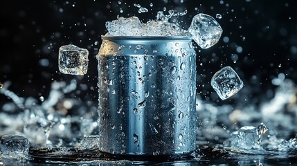 Leinwandbilder - Empty aluminium can mockup with flying ice cubes and splash isolated on black background : Generative AI