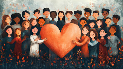 Canvas Print - A group of diverse children stand around a giant heart, representing unity and love.