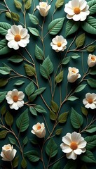 A dark background with vibrant white floral and green leaf  