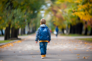 A young boy wearing a blue backpack walks down a street