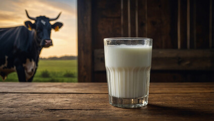 Glass of fresh milk with condensation, placed on a wooden table with a cow silhouette in the background.