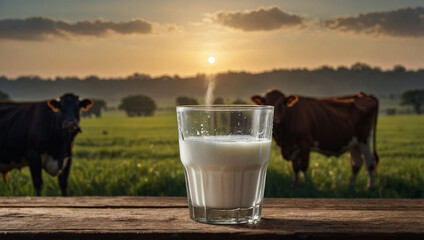 Glass of fresh milk with condensation, placed on a wooden table with a cow silhouette in the background.