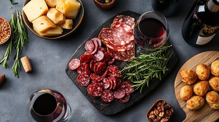 Red wine Primitivo with appetizers on gray background Traditional alcohol drinks Top view flat lay copy space : Generative AI