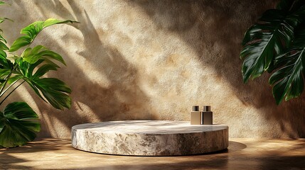 Aufkleber - Natural stone podium for beauty and spa cosmetic brand display on brown background wall with plant shadow Luxury granite material and neutral aesthetic interior scene for product place : Generative AI
