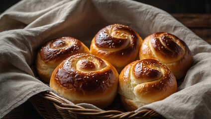 Soft and fluffy brioche rolls with a glossy finish, placed in a basket lined with a linen cloth.