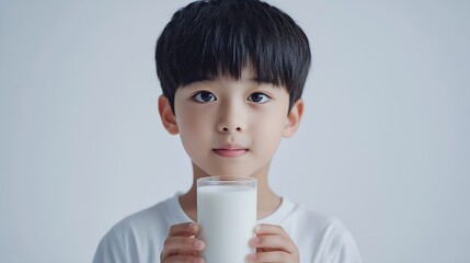 Portrait of asian boy drinking milk and posing on white background : Generative AI