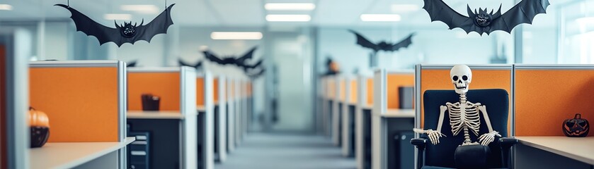 A spooky office scene featuring a skeleton sitting among Halloween decorations like bats and pumpkins, perfect for festive themes.