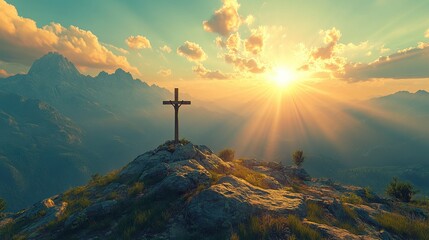 Poster - Cross on Mountaintop at Sunset with Sun Rays