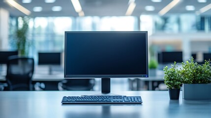 Aufkleber - Empty office computer and business interior on desk company furniture and workspace Vacant workplace corporate setup and technology on table professional design and detail at modern ag : Generative AI