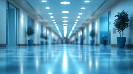 Poster - Blur background of corridor in clean hospital Blurred view of aisle in office with light floor Blurry lobby and waiting area in hotel Defocused empty area for event hall in shopping ma : Generative AI