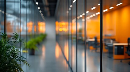 Aufkleber - Beautiful blurred background of a modern office interior in gray tones with panoramic windows glass partitions and orange color accents : Generative AI