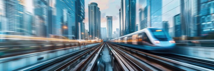 Wall Mural - Sleek High-Speed Train Gliding Over a Stilted Bridge Surrounded by Skyscrapers with Motion Blur Effects