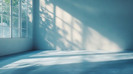 Poster - Studio style background wall decoration presentation uses white and blue tones with shadows cast from a nearby window concept creating a decorative backdrop : Generative AI