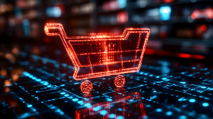 Sticker - A red glowing shopping cart icon sits on a blue digital background, symbolizing online shopping and commerce.