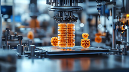 Poster - A robotic arm is placing an orange plastic object on a production line.