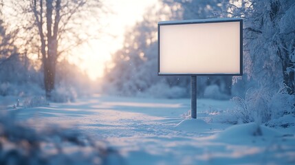 Wall Mural - White horizontal billboard in the snow Blank sign mockup : Generative AI