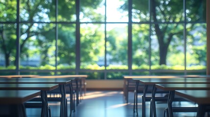 Fototapete - Beautiful blurred background of bright classroom and study room with panoramic windows and beautiful lighting : Generative AI